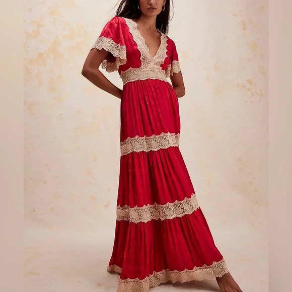 Spell Dresses & Skirts - SPELL Ocean Gown Red Rouge Lace Jacquard Satin Dress Medium $379